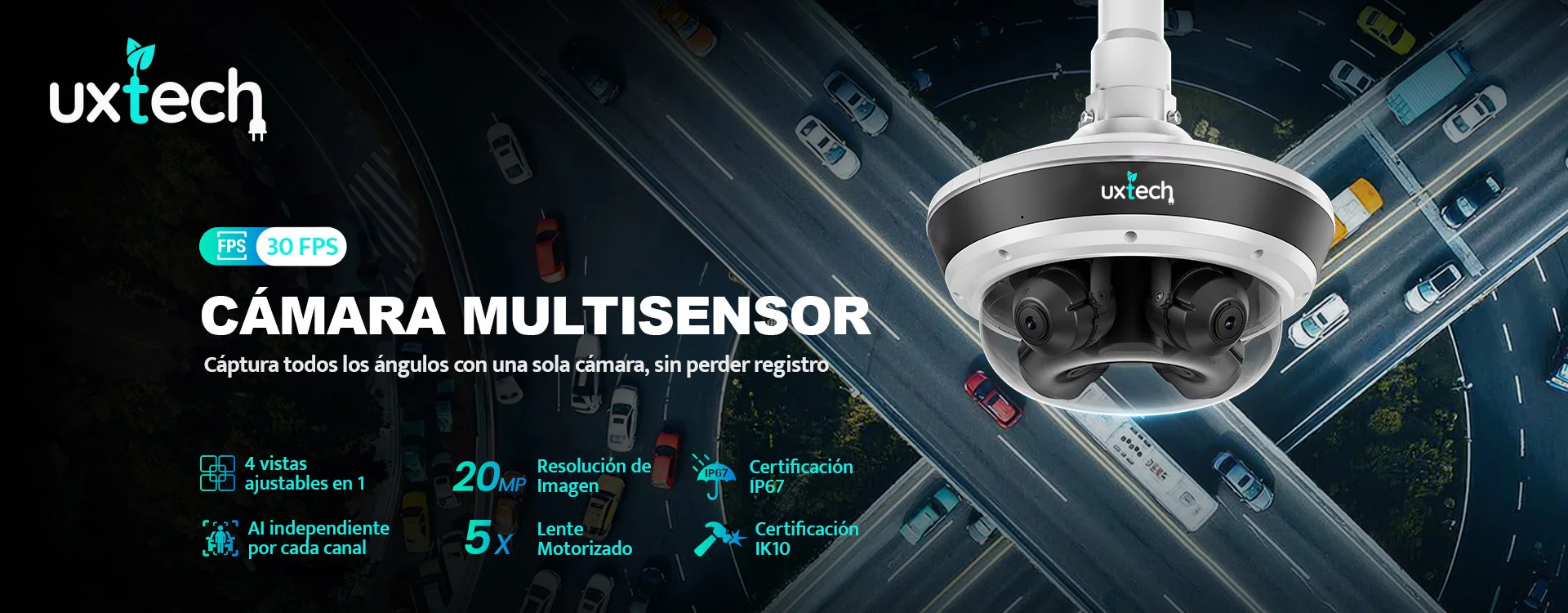 Cámara multisensor UXtech de cuatro lentes sobre una intersección vial